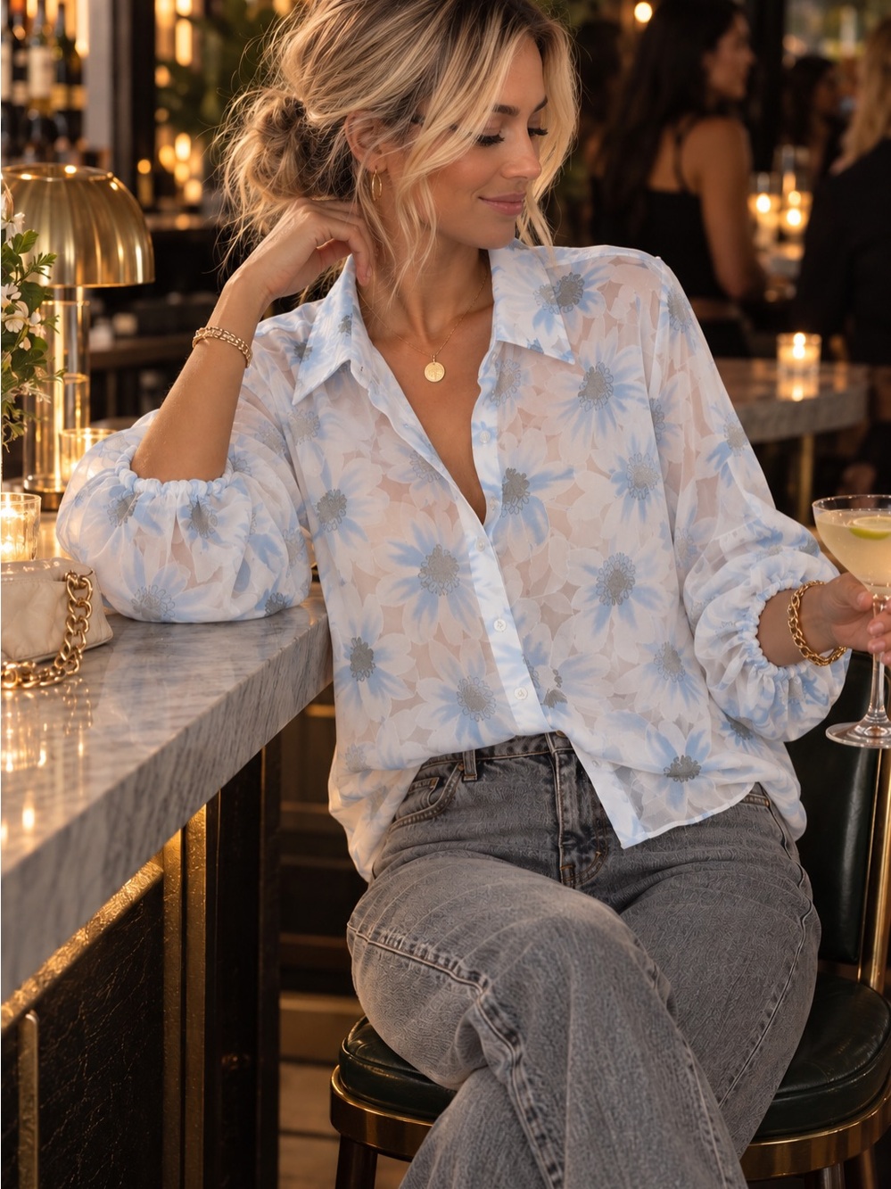 Boston Proper Floral Organza Ballon Sleeve Blouse-MED